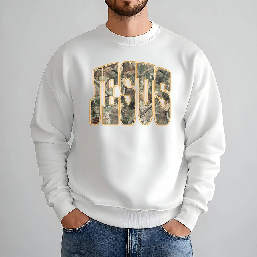 Jesus Camo Sweatshirt | Christian Faith Graphic Print | Premium Cotton Blend | Trendy Religious Gift for Women and Men