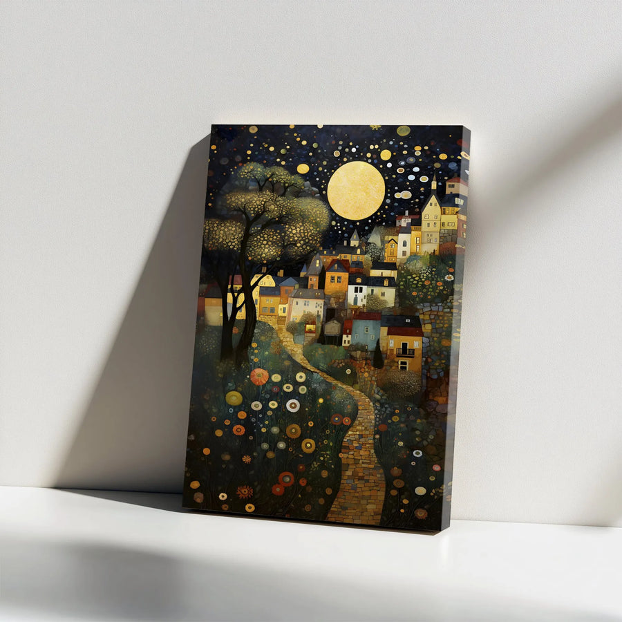 Celestial Village Canvas Wall Art | Starry Night Full Moon Painting | Premium Thick Gallery Wrap Canvas | Bohemian Home Decor Collector's Gift