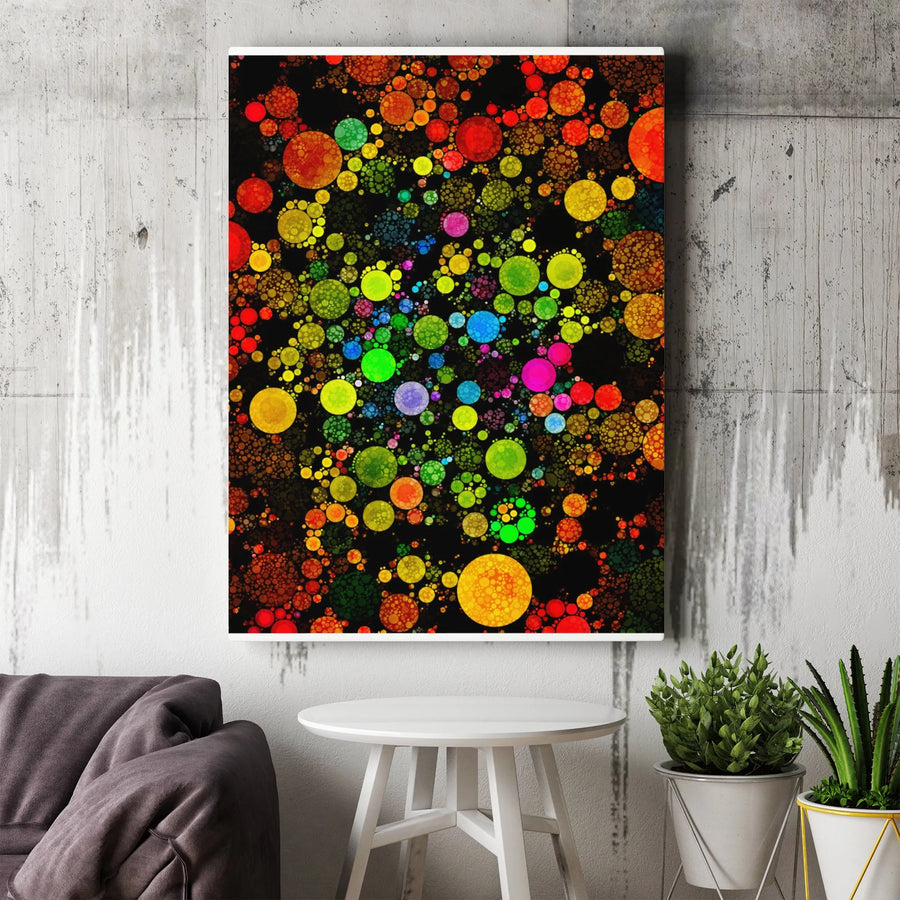 Abstract Circle Art Vertical Canvas | Vibrant Psychedelic Bubble Print | Thick Gallery Wrap Premium Canvas | Modern Living Room & Office Decor Gift