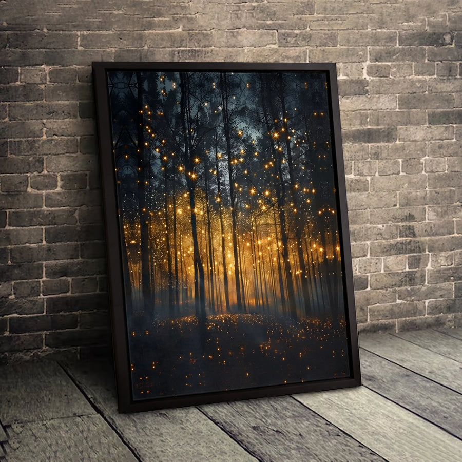 Enchanted Forest Canvas Wall Art | Golden Firefly Fairy Lights Print | Gallery-Quality 1.25-Inch Profile | Premium Home Decor Gift