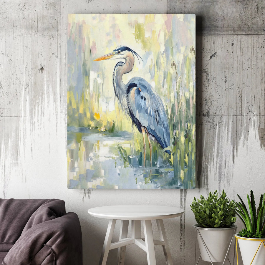 Great Blue Heron Canvas Wall Art | Impressionist Marsh Bird Painting | 1.25-Inch Gallery Wrap Print | Coastal Home Decor Gift for Bird Lovers