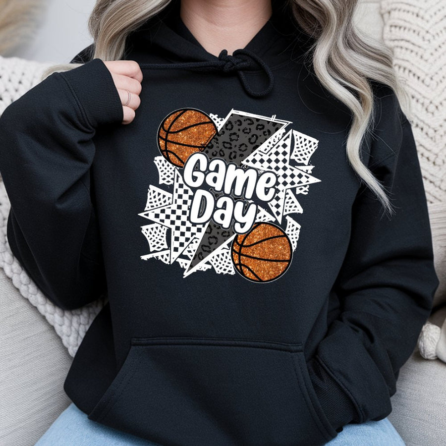 Game Day Basketball Hoodie | Glitter Leopard Sports Graphic | Premium Cotton Blend Pullover | Cute Gift for Basketball Mom & Fan