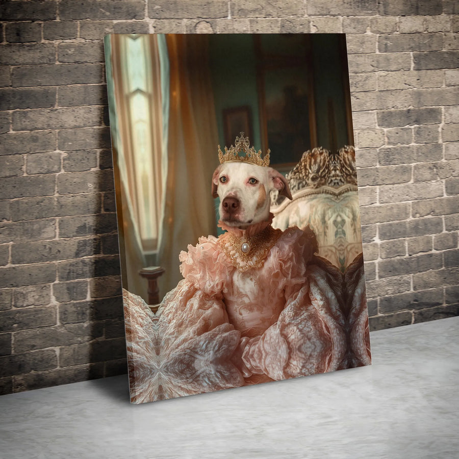 Royal Dog Portrait Canvas Wall Art | Victorian Pitbull Queen in Pink Gown | Premium Gallery Wrap Print | Funny Dog Lover Gift for Her