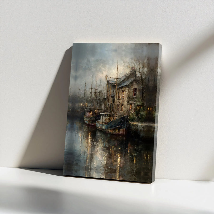 Moody Harbor Canvas Wall Art | Impressionist Fishing Boat Painting | Gallery Quality Canvas Print | Nautical Home Decor Gift