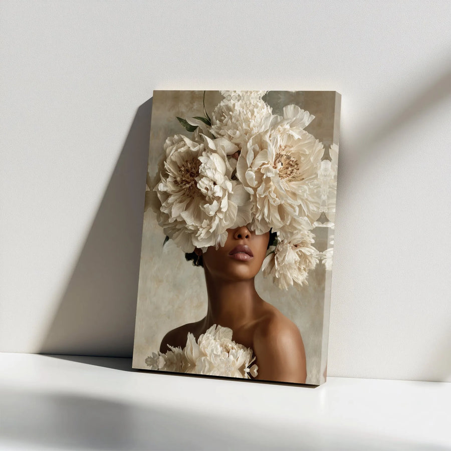 Black Woman Floral Canvas Print | Surreal Peony Portrait Wall Art | Premium Gallery-Wrap Decor | Aesthetic Modern Home Gift