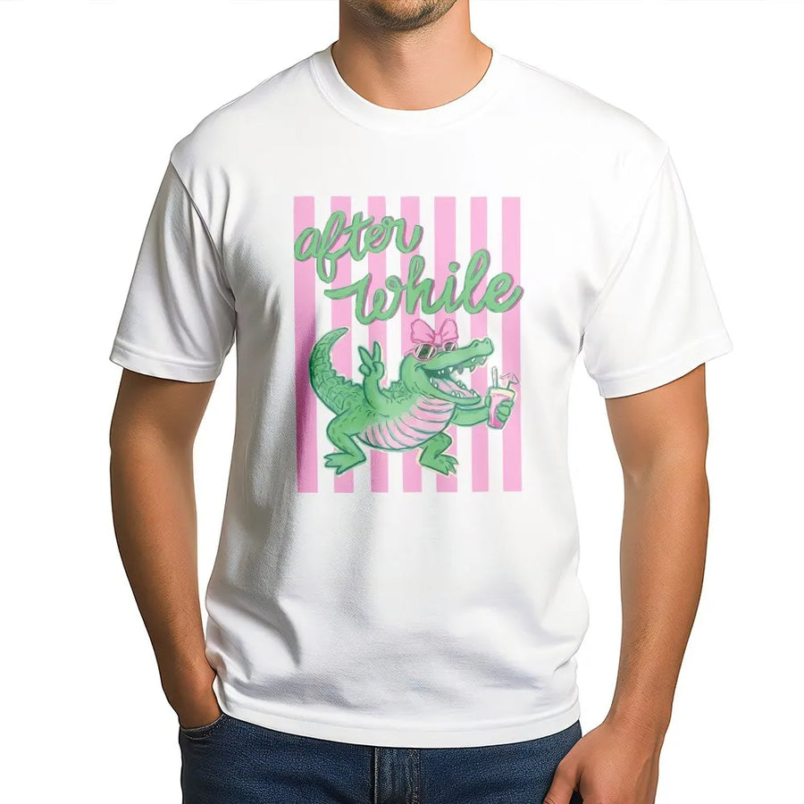 After While Crocodile T-Shirt | Funny Pink & Green Gator Graphic | Soft Cotton Blend | Preppy Beach Vacation Gift for Women