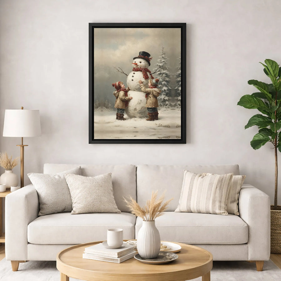 Vintage Winter Children Building Snowman Canvas Wall Art | Nostalgic Christmas Holiday Print | Premium Gallery-Wrapped Decor | Gift For Home Lovers