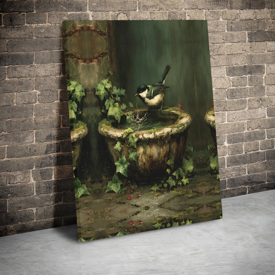 Vintage Bird Canvas Print | Great Tit Bird Bathing in Garden | Premium Gallery Wrap Wall Art | Nature Lover Gift for Living Room Decor