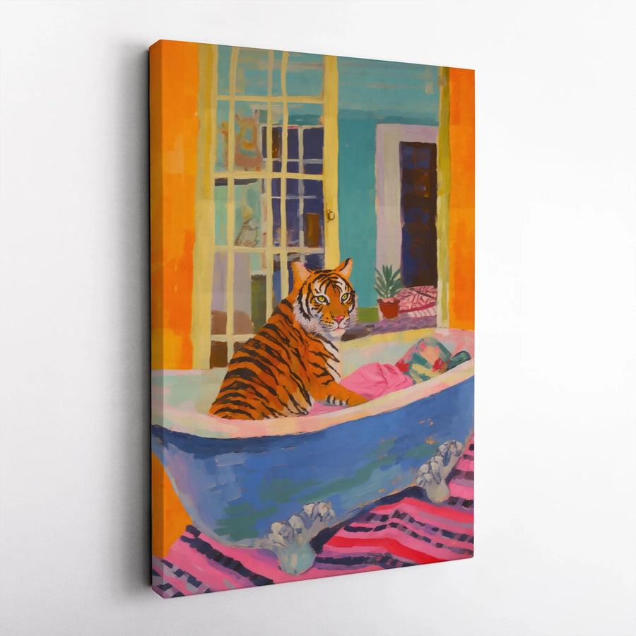 Tiger in Bathtub Canvas Wall Art | Quirky Bathroom Decor | Premium Frameless Print | Unique Gift for Animal Lover