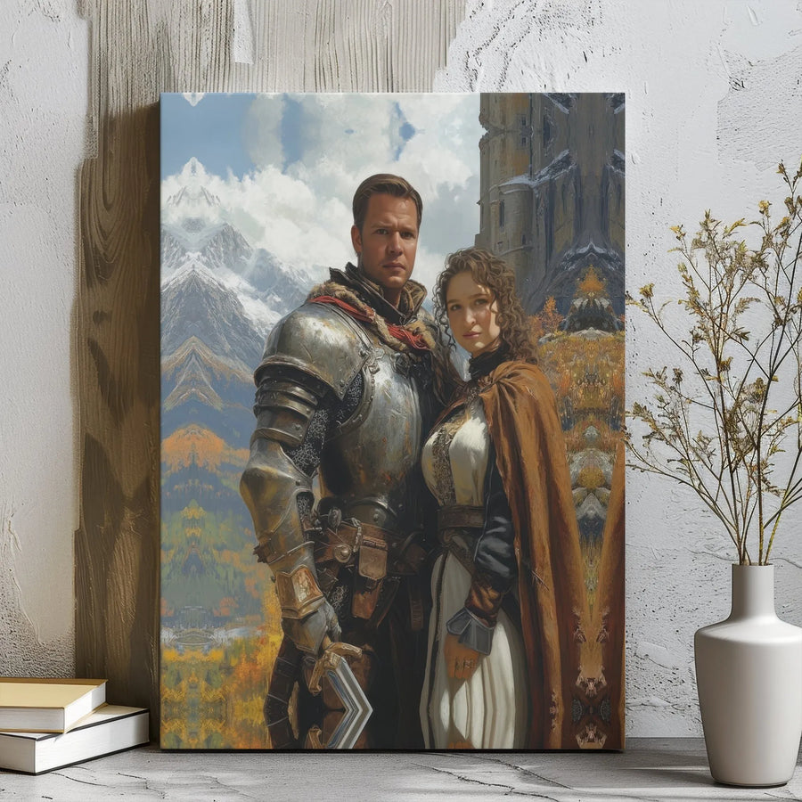 Knight and Maiden Fantasy Canvas | Medieval Castle Mountain Wall Art | Premium Gallery Wrapped Decor | Romantic Couple Gift for Home Office