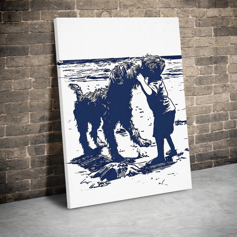 Boy and Dog Wall Art | Coastal Beach Scene Linocut Print | Premium Gallery Canvas | Heartwarming Nursery or Living Room Gift