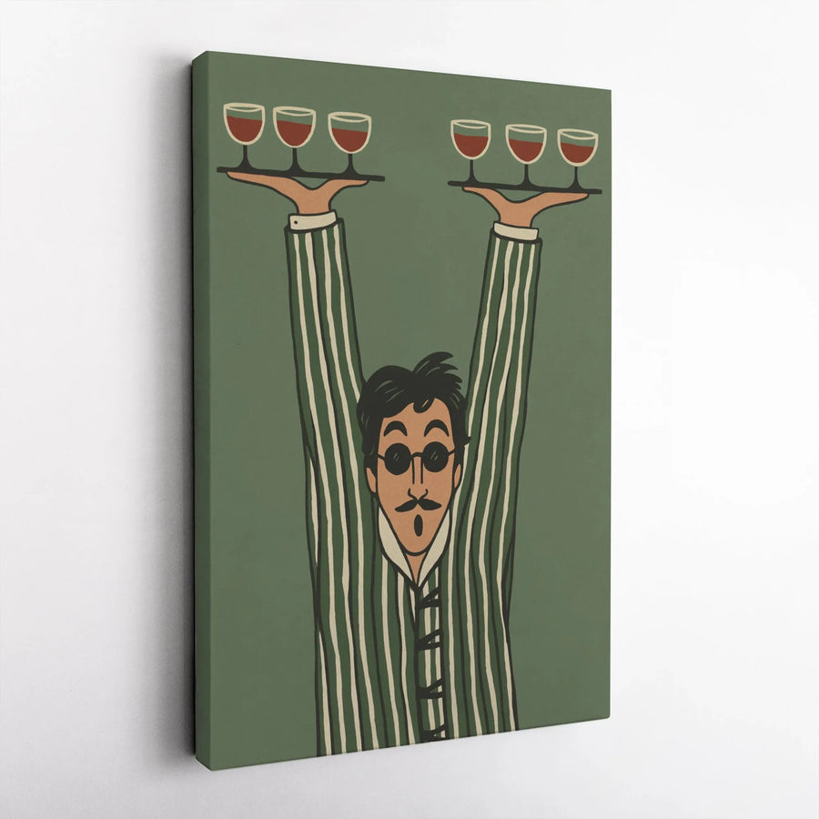 Retro Waiter With Wine Canvas Wall Art | Mid-Century Modern Kitchen Illustration | 1.25" Gallery Wrap Premium Print | Stylish Decor Gift For Wine Lovers