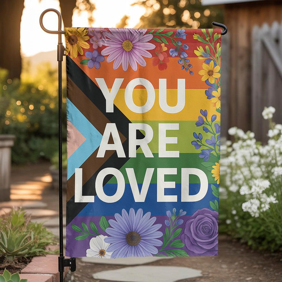 Progress Pride Garden Flag | You Are Loved Floral Design | Premium Weather-Resistant Polyester | LGBTQ+ Outdoor Decor Yard Sign