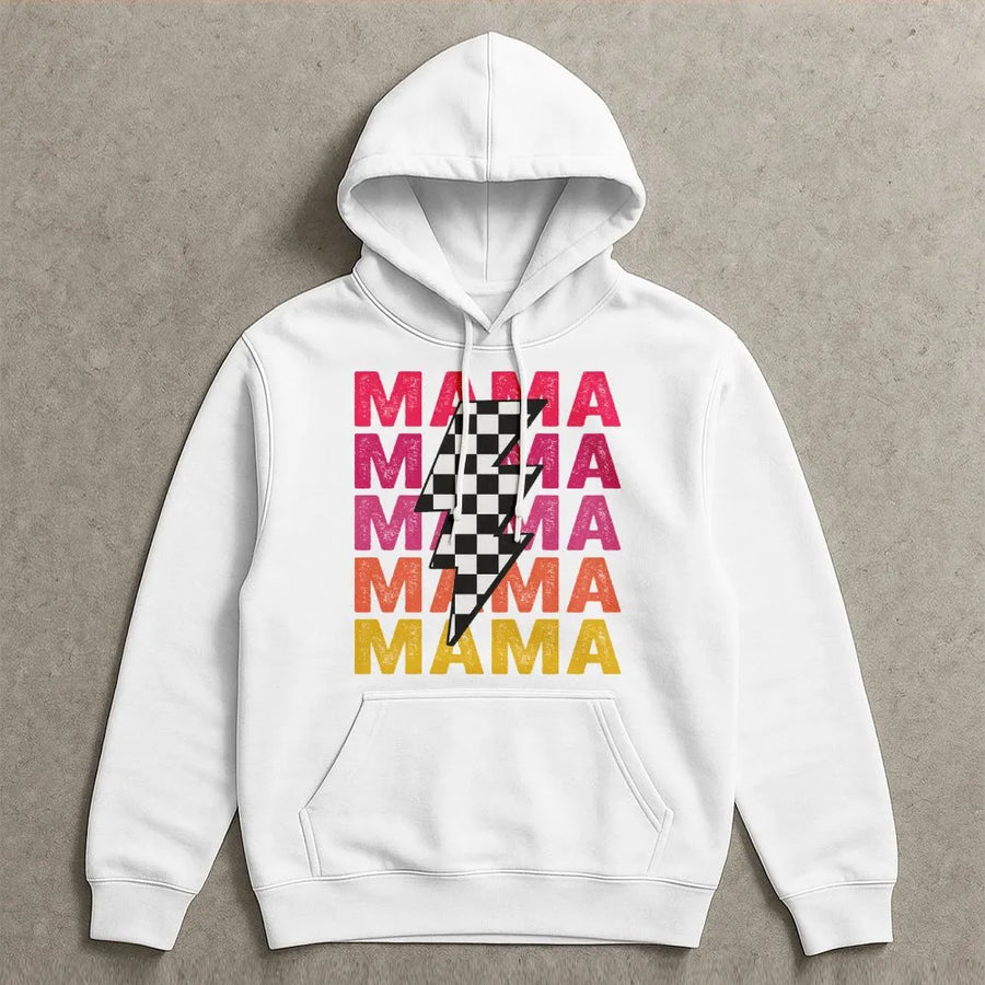 Mama Hoodie | Retro Checkered Lightning Bolt Graphic | Premium Soft Unisex Pullover | Trendy Mom Gift for Mother's Day 2026