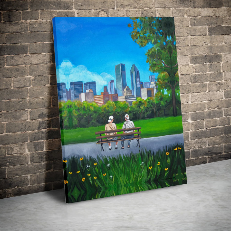 Elderly Couple Park Bench Canvas | City Skyline Art Print | Premium 1.25-Inch Gallery Wrap | Heartfelt Anniversary Gift for Parents