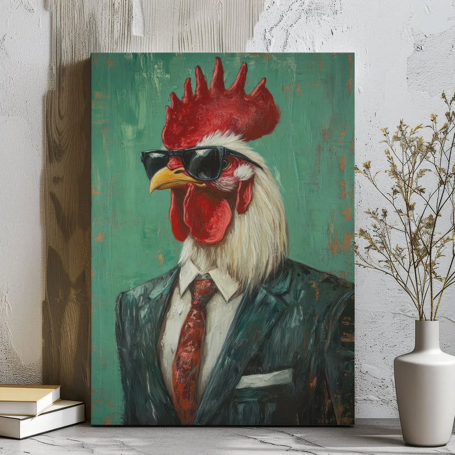Rooster in Suit Painting | Funny Farmhouse Wall Art | Premium Gallery Wrap Canvas | Quirky Animal Portrait Decor for Office or Home Gift