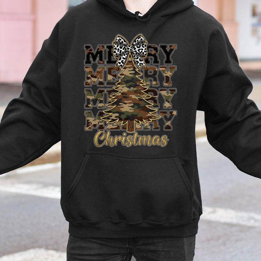 Camo Christmas Tree Hoodie | Leopard Bow Holiday Graphic Print | Premium Cotton-Blend Sweatshirt | Festive Country Style Gift For Women