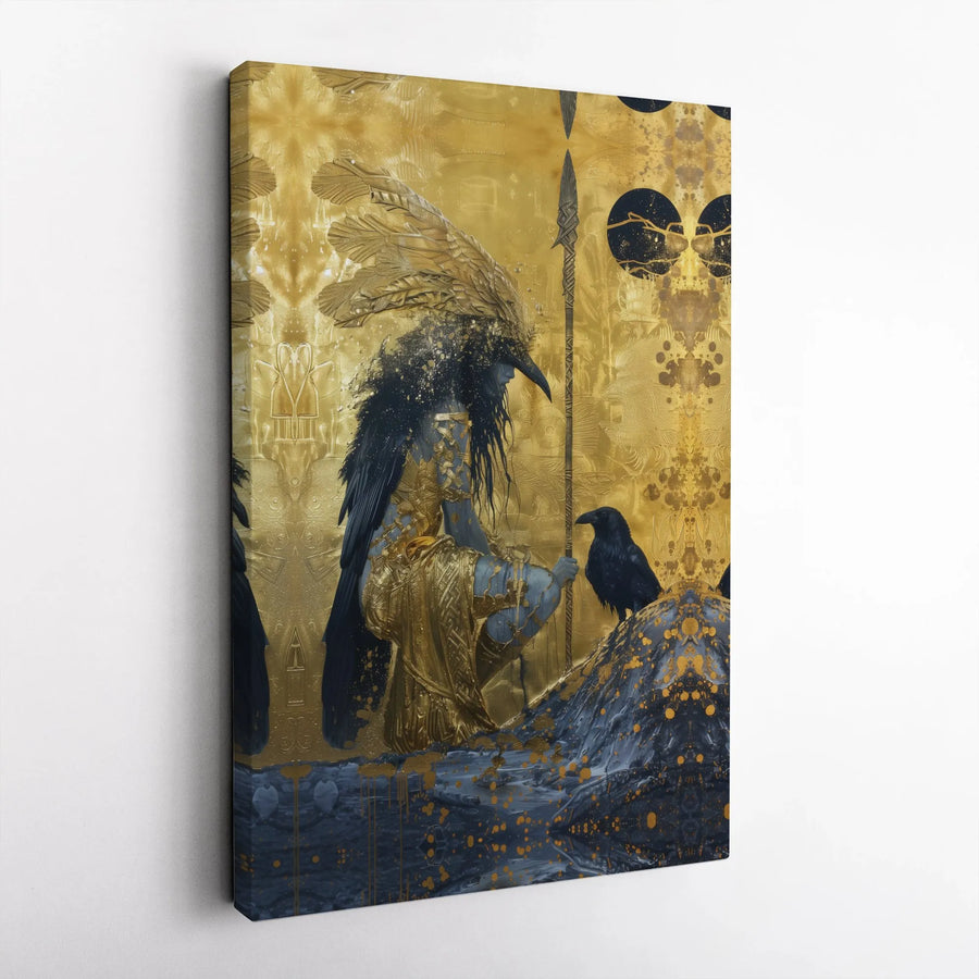 Golden Raven Warrior Canvas Art | Mythical Bird Fantasy Print | Premium Gallery Wrapped Wall Decor | Gothic Home Office Wall Art Gift