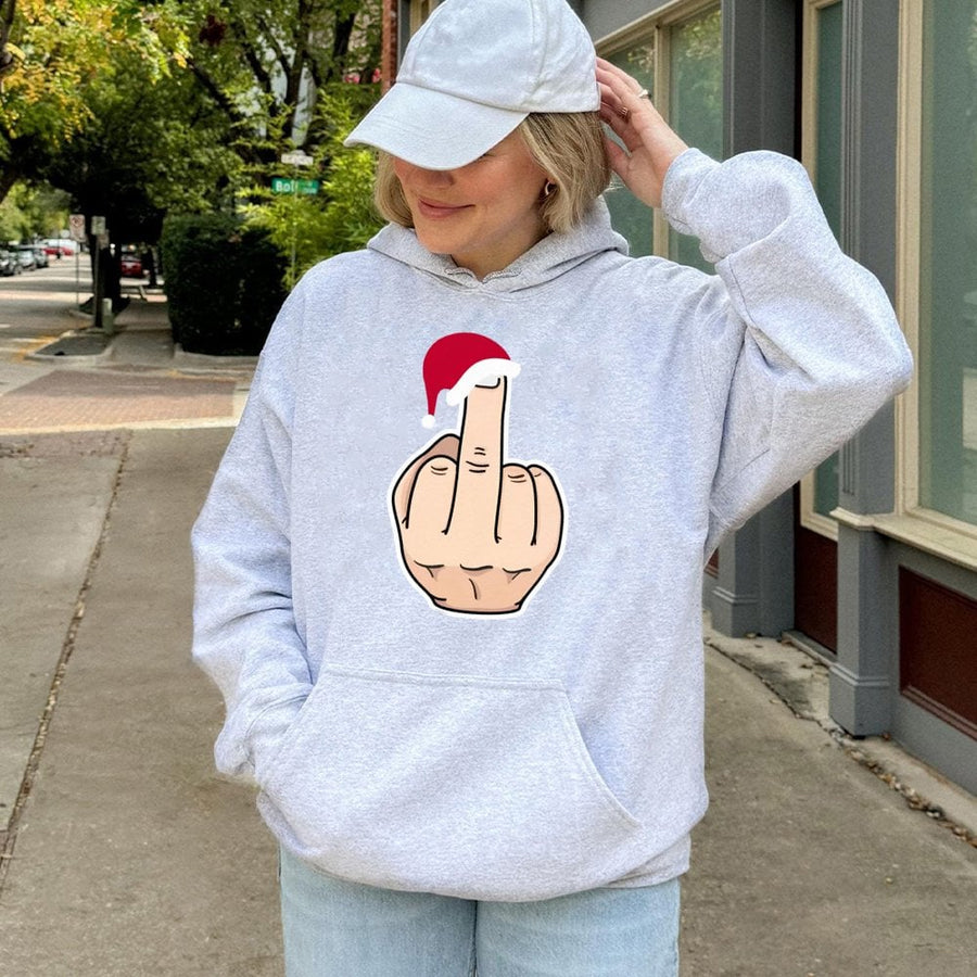 Middle Finger Santa Hat Hoodie | Funny Christmas Sarcastic Holiday Graphic Sweatshirt | Premium Cotton-Poly Blend | Unisex Gift for Holiday Humor