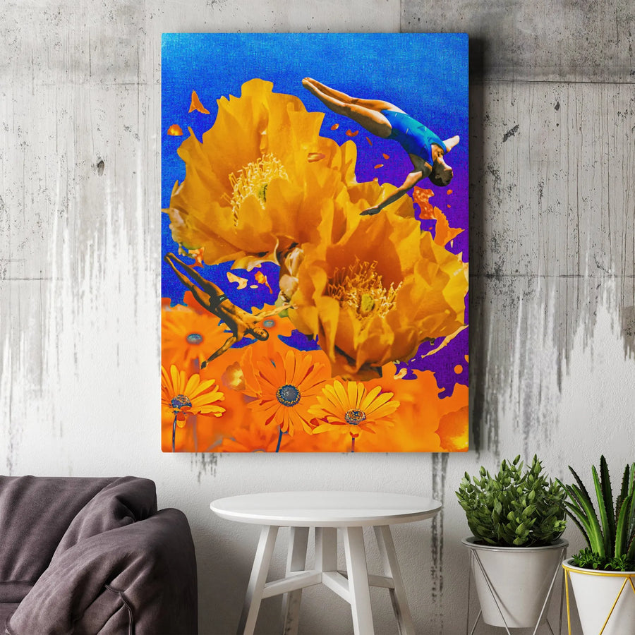 Surreal Diving Swimmers Canvas Print | Giant Yellow Floral Collage Art | Premium Gallery Wrap Decor | Modern Statement Wall Art