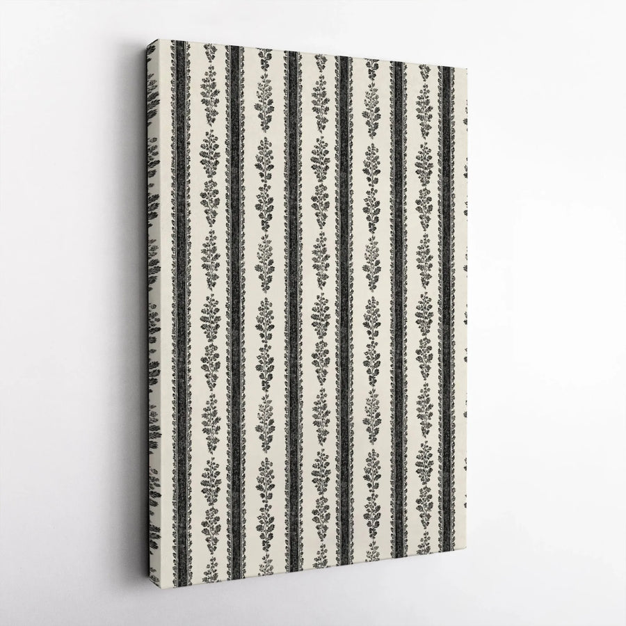 Vintage Botanical Stripe Canvas | Black and Cream Damask Pattern Wall Art | Premium 1.25" Thick Gallery Wrapped Print | Modern Farmhouse Decor Gift