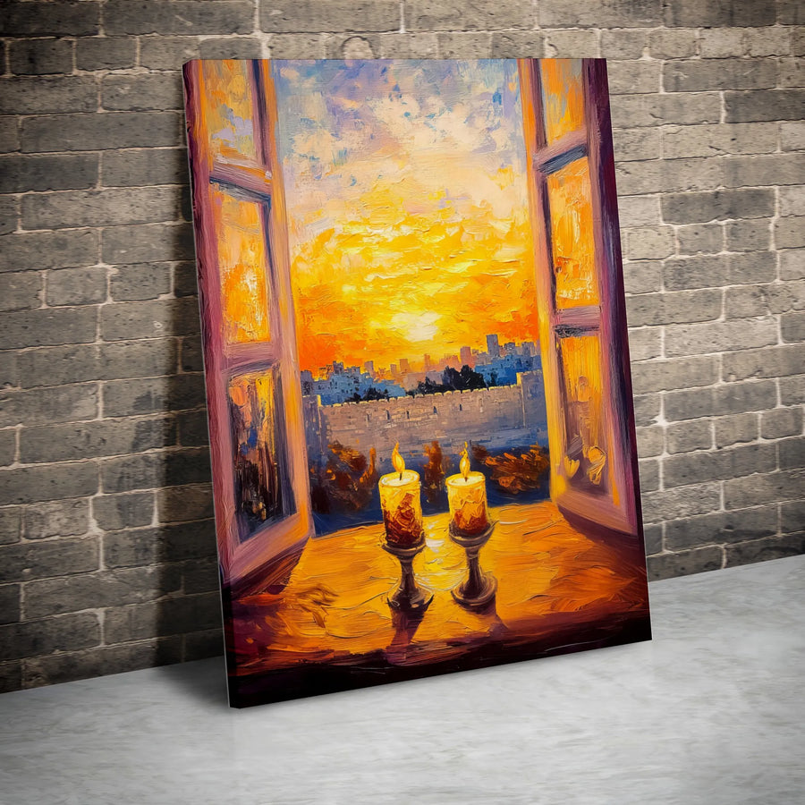 Jerusalem Old City Canvas Wall Art | Shabbat Candle Sunset Painting | Premium Gallery Wrap Print | Jewish Home Decor Gift