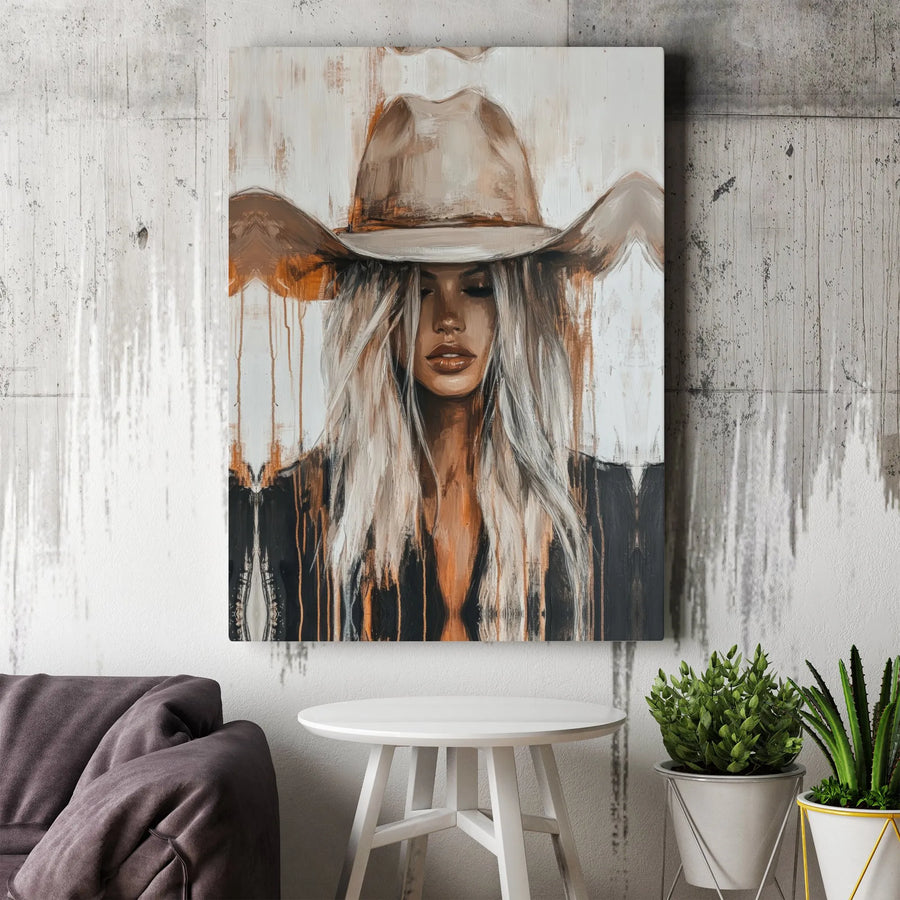 Western Cowgirl Canvas Wall Art | Abstract Portrait Painting Print | Premium Frameless Gallery Canvas | Southwestern Farmhouse Decor Gift