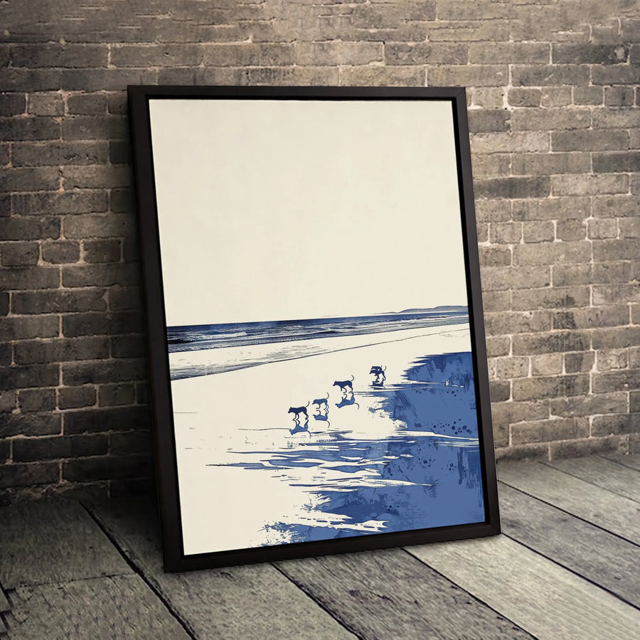 Coastal Dog Wall Art | Blue and White Beach Landscape Canvas | Premium 1.25" Thick Gallery Wrap | Modern Home Decor Gift