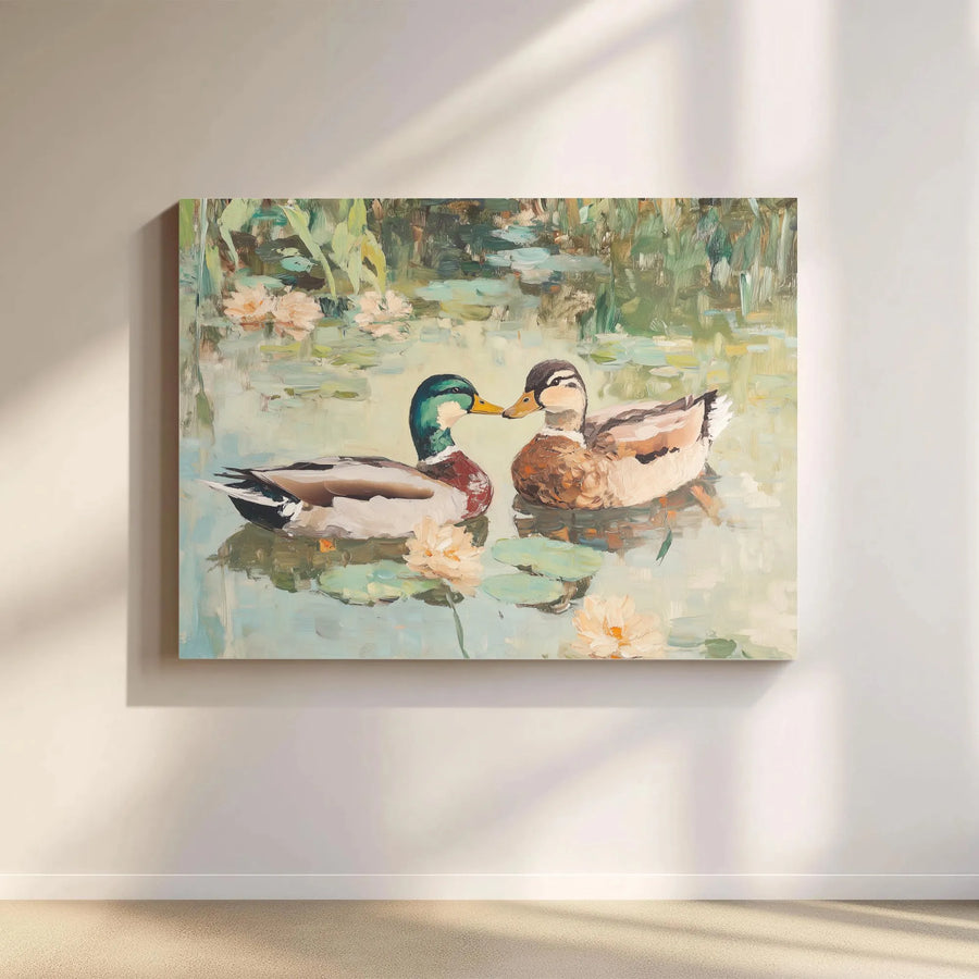 Mallard Ducks Canvas Wall Art | Impressionist Style Pond Painting | Premium Fade-Resistant Print | Farmhouse & Cottagecore Decor Gift