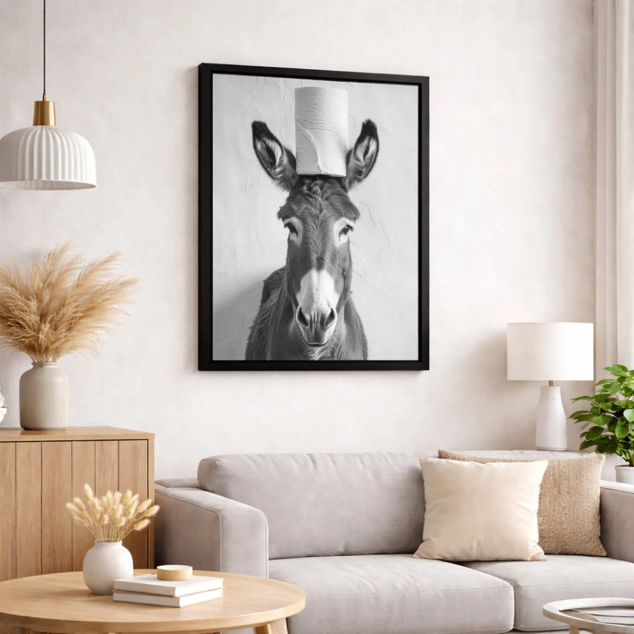 Funny Donkey Wall Art | Toilet Paper Roll Head Print | Premium Gallery Wrapped Canvas | Quirky Bathroom Decor Gift