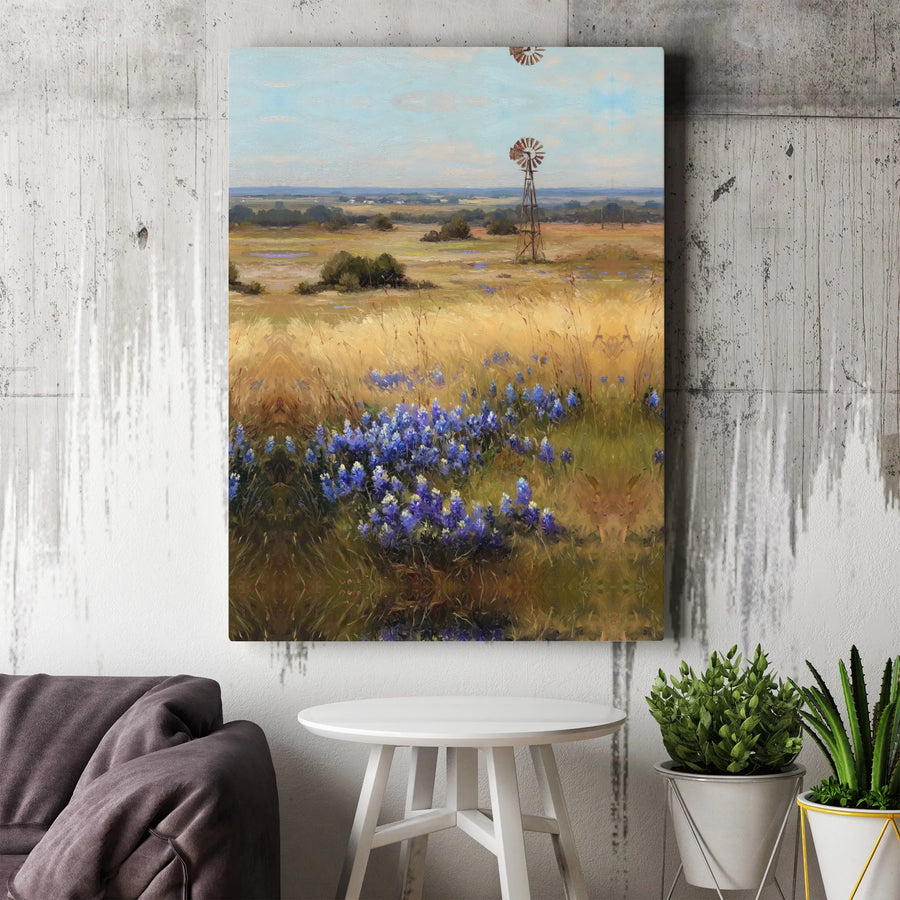 Texas Bluebonnet Canvas Wall Art | Vintage Farmhouse Windmill Painting | Premium Thick Gallery Wrap Canvas | Country Home Decor Gift