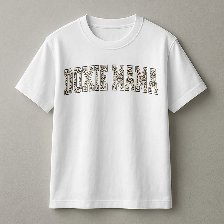 Doxie Mama T-Shirt | Leopard Print Varsity Lettering | 100% Cotton Premium Tee | Cute Dachshund Dog Lover Gift for Her