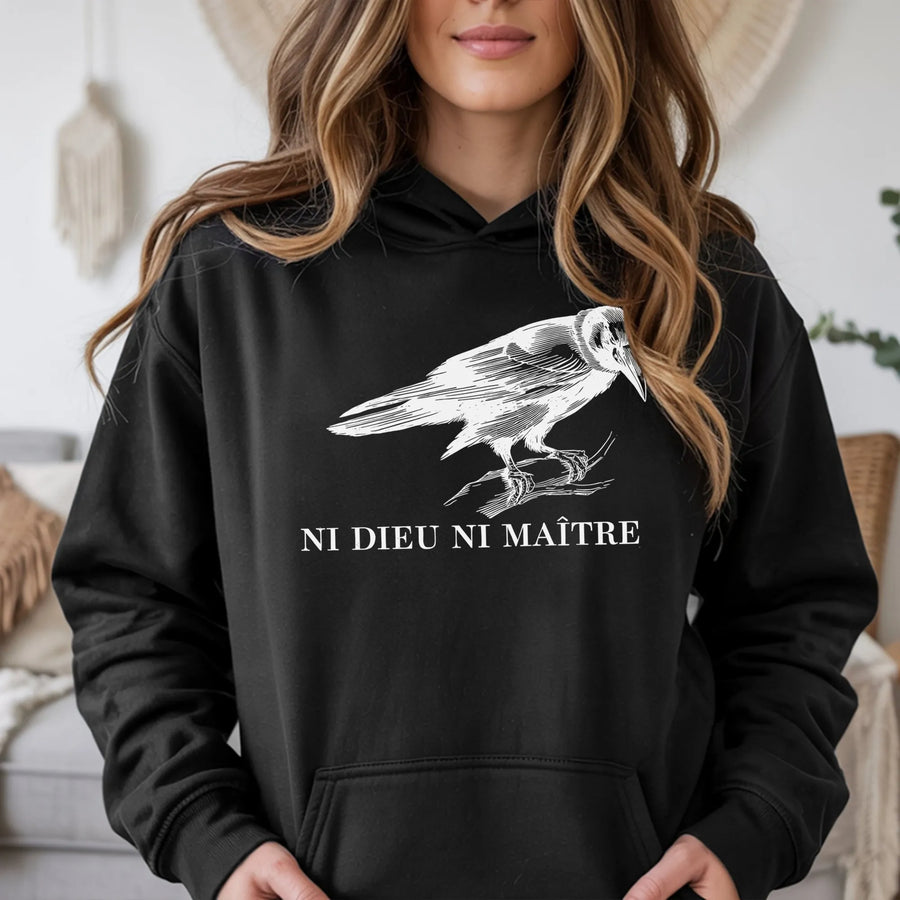 Ni Dieu Ni Maître Hoodie | Crow Illustration Design | Premium Cotton Blend | Unisex Anti-Authoritarian Statement Gift