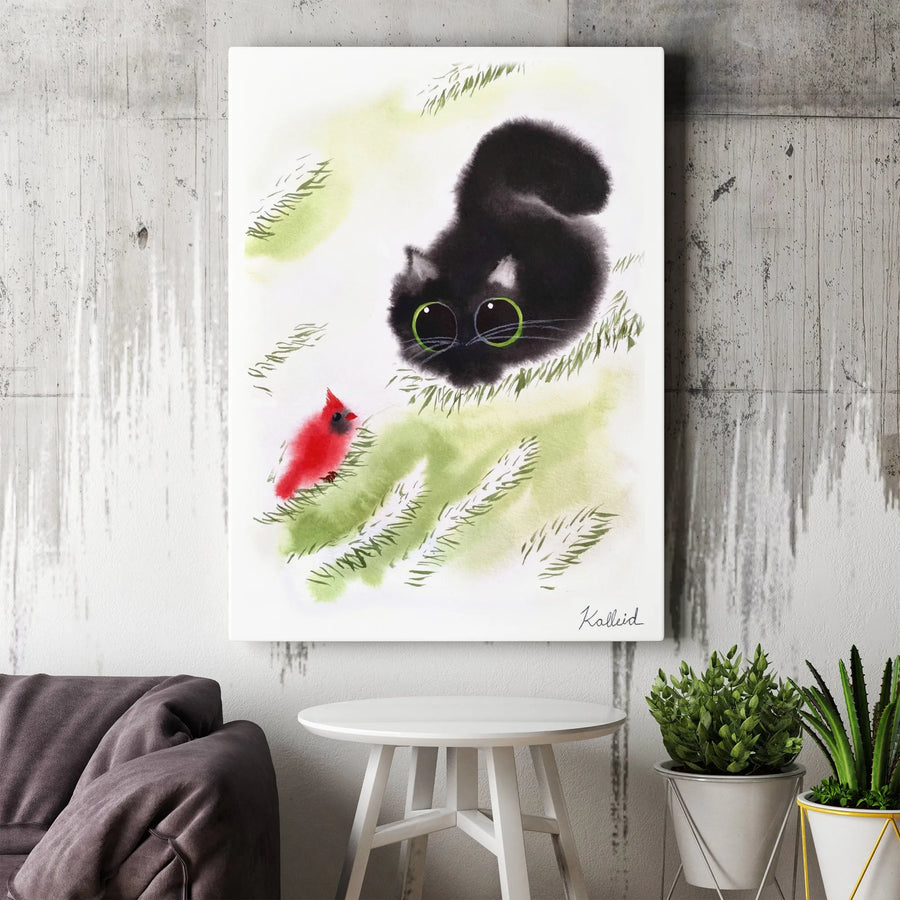 Black Cat and Red Cardinal Canvas Art | Whimsical Watercolor Animal Portrait | 1.25-Inch Premium Gallery Wrap | Nature-Inspired Home Decor Gift