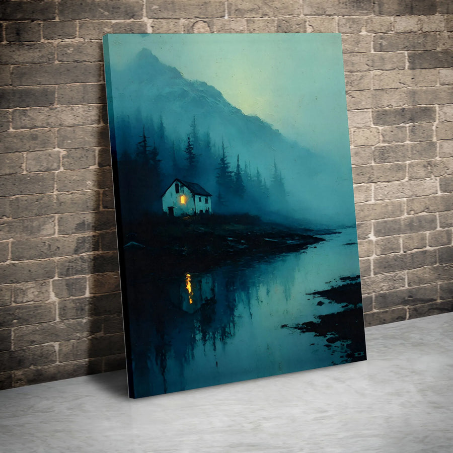 Misty Mountain Cabin Canvas Wall Art | Moody Forest Landscape Print | 1.25-Inch Premium Gallery Wrap | Atmospheric Home Decor Gift