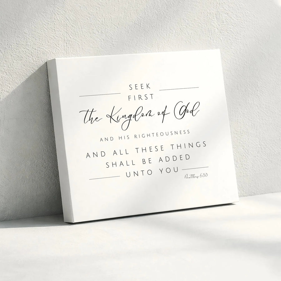 Bible Verse Canvas Print | Seek First The Kingdom of God Matthew 6:33 | Premium Gallery Wrap | Modern Scripture Home Decor Gift