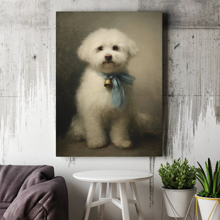 Bichon Frise Portrait Canvas Wall Art | Vintage Oil Painting Style with Blue Ribbon | Premium Gallery Canvas Print | Collector's Gift for Dog Lover