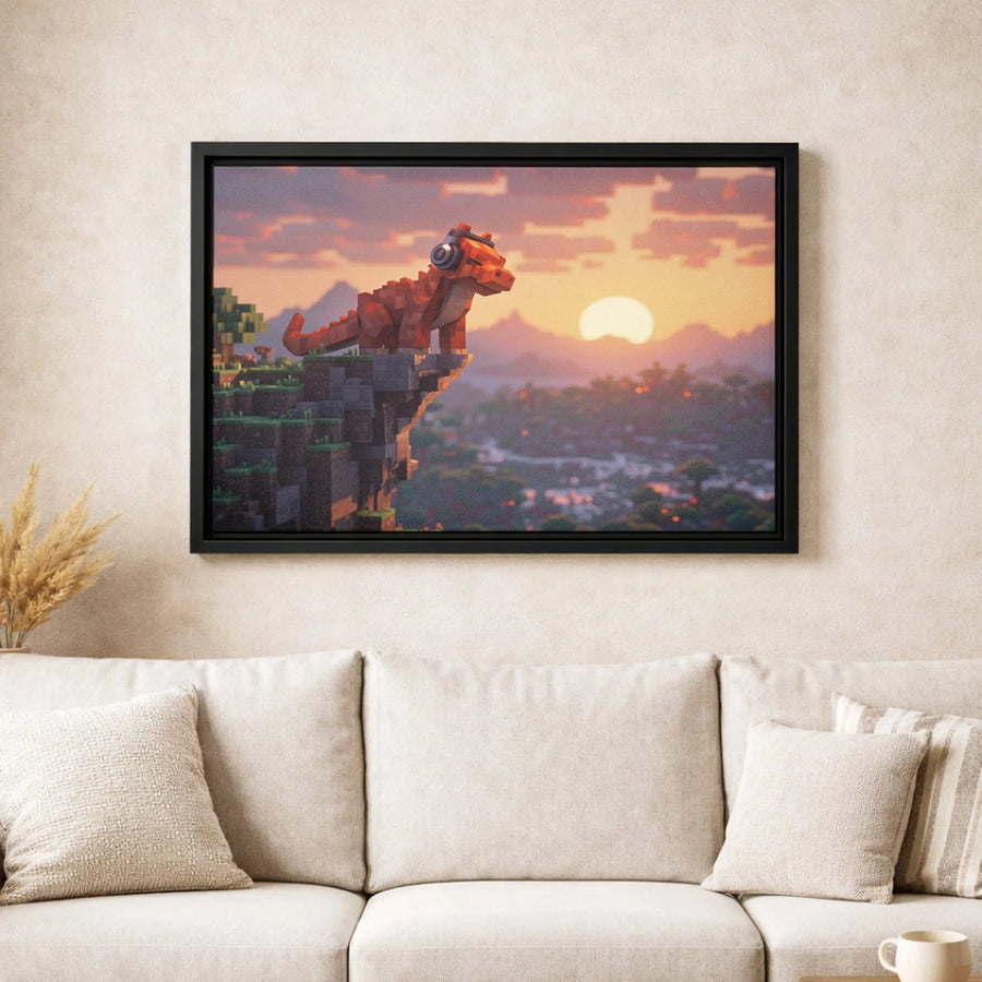 Pixel Dinosaur Art Canvas | Retro Gaming Sunset Illustration | Premium Gallery Wrapped Print | Gamer Room Decor Gift for Kids and Teens