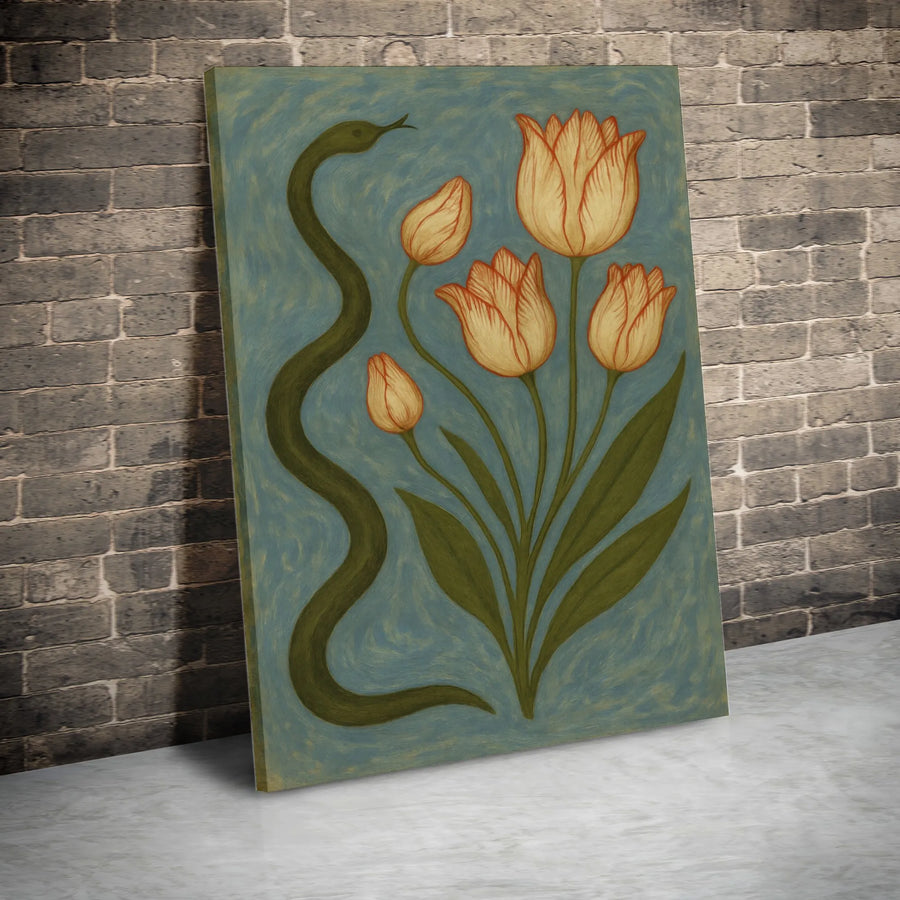 Snake and Tulip Flower Canvas Wall Art | Botanical Serpent Illustration | Premium Gallery Wrapped Print | Nature Inspired Home Decor Gift