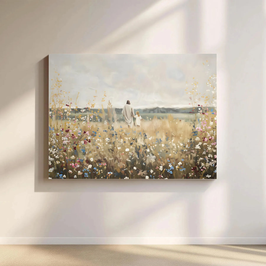 Jesus Walking With Child Canvas Print | Religious Wildflower Meadow Art | Gallery-Quality 1.25" Profile | Christian Home Decor Gift