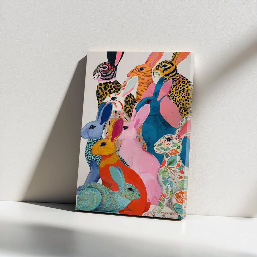 Colorful Rabbit Wall Art | Whimsical Patterned Animal Portrait | Premium Gallery Wrap Canvas | Eclectic Home Decor Gift for Animal Lovers