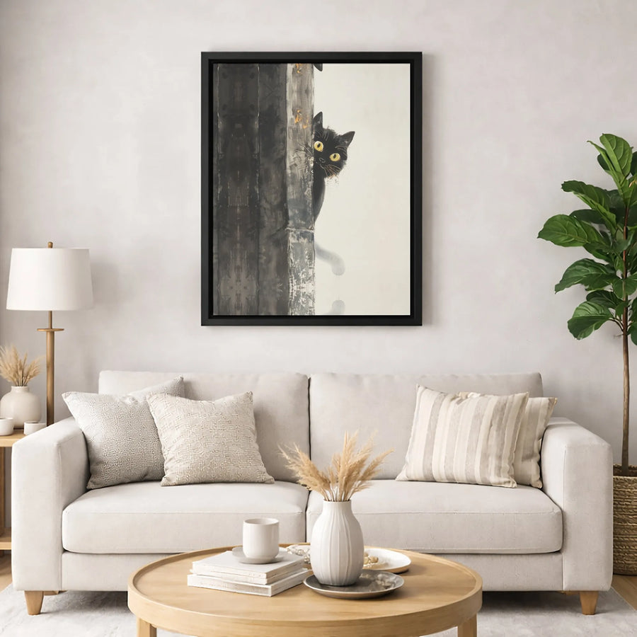 Peeking Black Cat Canvas Wall Art | Whimsical Yellow-Eyed Kitty Print | Premium Gallery-Wrapped Fade-Resistant | Modern Home Decor Gift