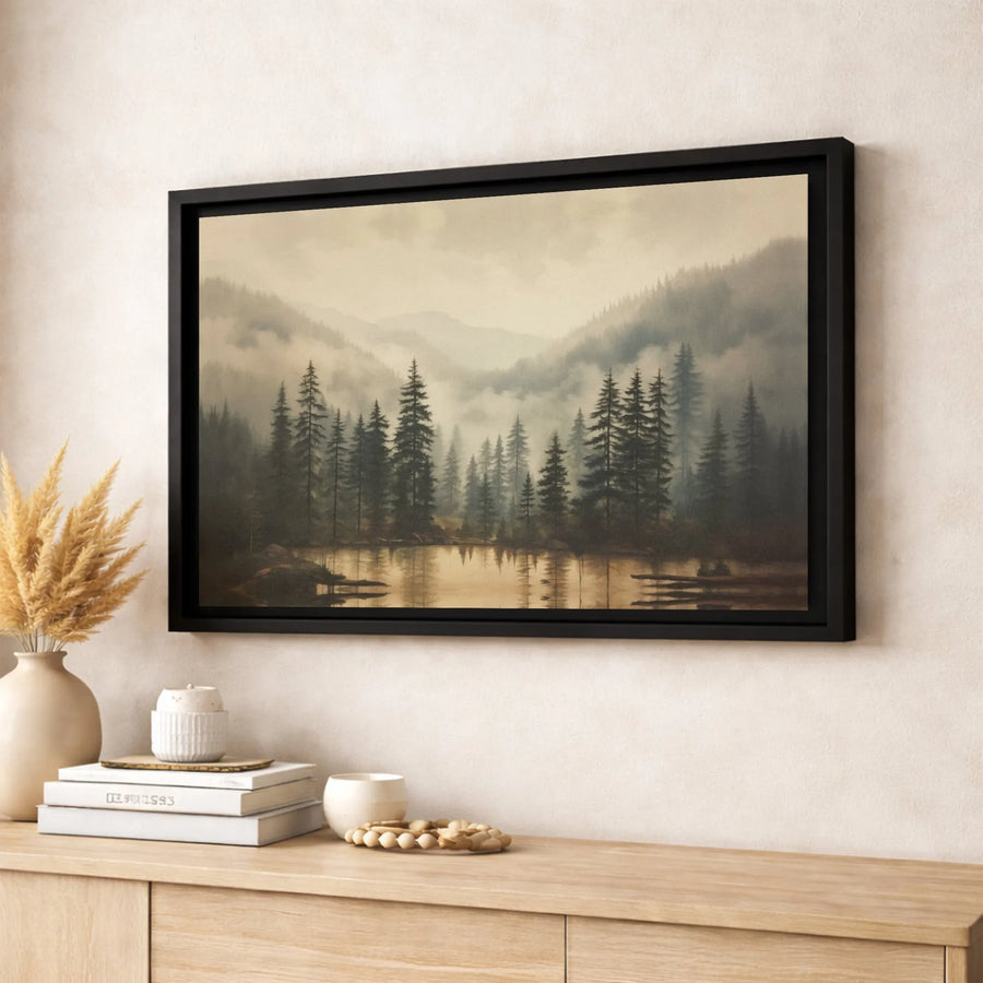 Misty Pine Forest Wall Art | Moody Mountain Lake Landscape Print | Premium 1.25” Gallery Wrap Canvas | Modern Nature Home Decor