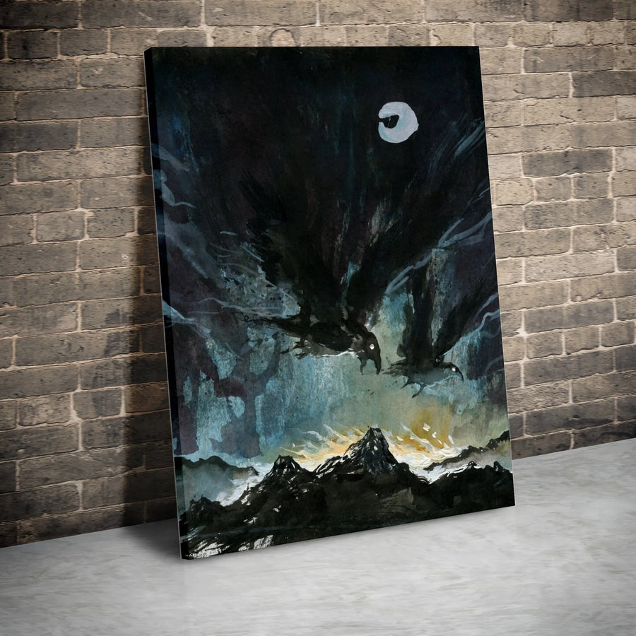 Gothic Raven Wall Art | Dark Fantasy Crow Painting Over Mountains | Premium Gallery Wrapped Canvas | Dark Academia Room Decor Gift