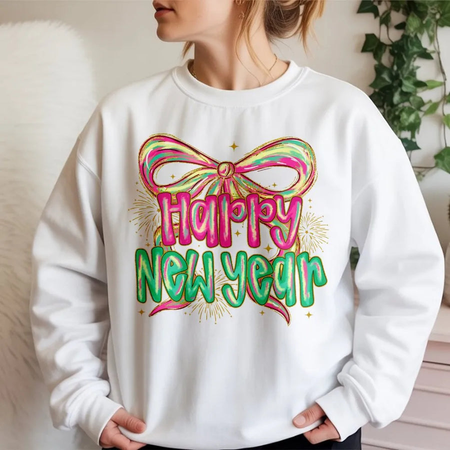 Happy New Year Sweatshirt | Neon Bow And Fireworks Graphic | Soft Cotton Blend Crewneck | Festive Holiday Party Gift For Men And Women