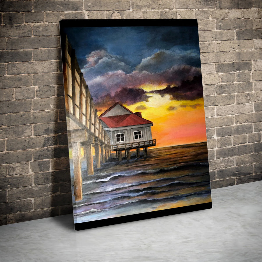 Ocean Pier Canvas Print | Dramatic Sunset Seascape Painting | Premium Gallery Wrapped Canvas | Coastal Living Room Decor