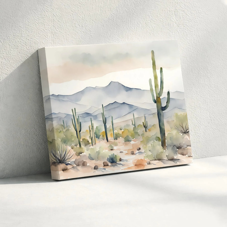 Watercolor Desert Landscape Canvas | Saguaro Cactus & Mountain Scenery | Premium 1.25" Thick Profile | Southwestern Home Decor Gift