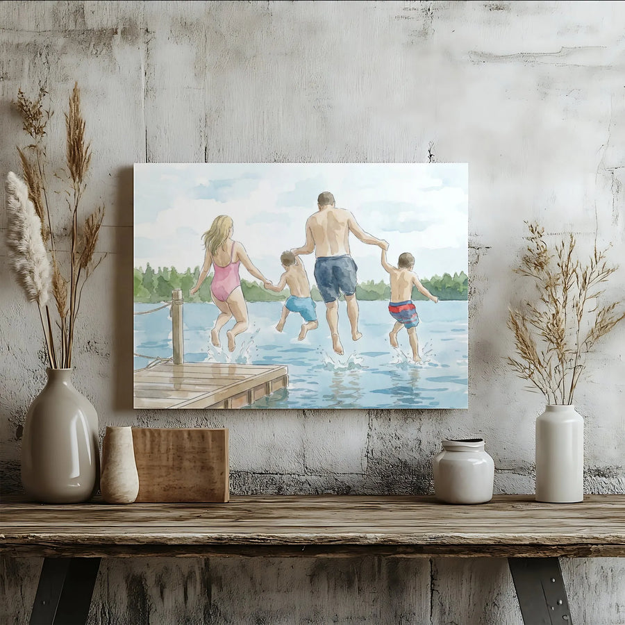 Family at the Lake Canvas Wall Art | Watercolor Family Jumping Off Dock Scene | Premium Gallery Quality Canvas | Gift for Lake House or Family Home Decor