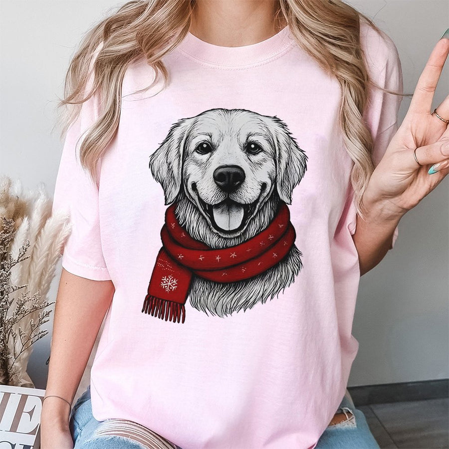 Golden Retriever Christmas T-Shirt | Festive Dog With Red Scarf Print | Premium 100% Cotton | Cozy Holiday Gift For Dog Lovers