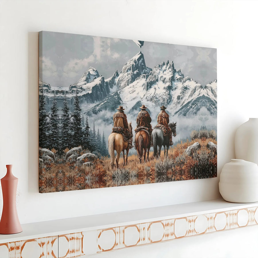 Western Cowboy Wall Art | Three Horsemen Snowy Mountains Print | Premium Gallery Wrapped Canvas | Rustic Home Decor Gift for Him